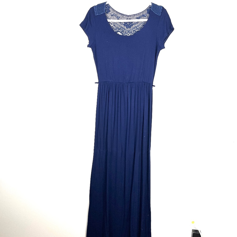 Dark blue intricate lace back knit maxi dress Modcloth